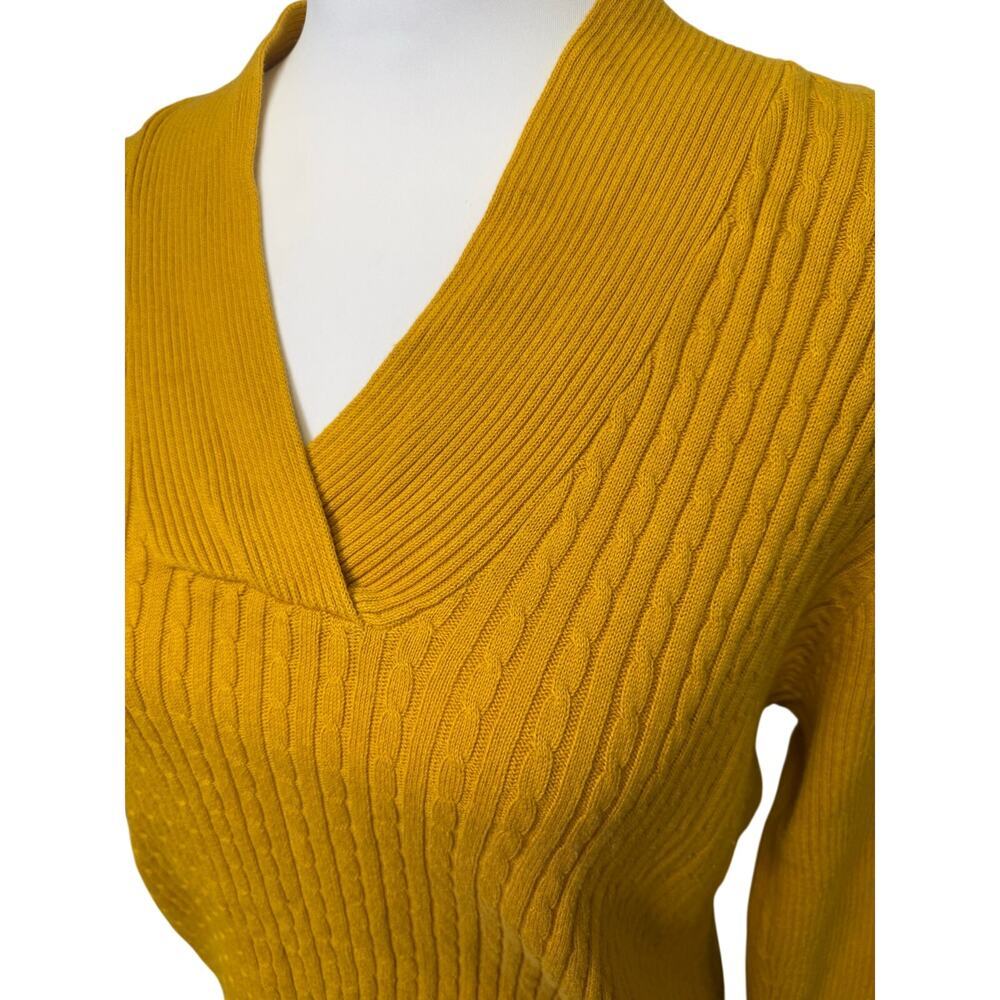 Jeanne pierre v neck mustard yellow cable knit top 100% cotton womens large